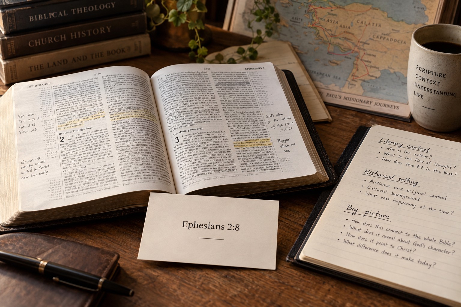 An open Bible beside study notes, maps, and historical resources that represent literary, historical, cultural, and theological context.