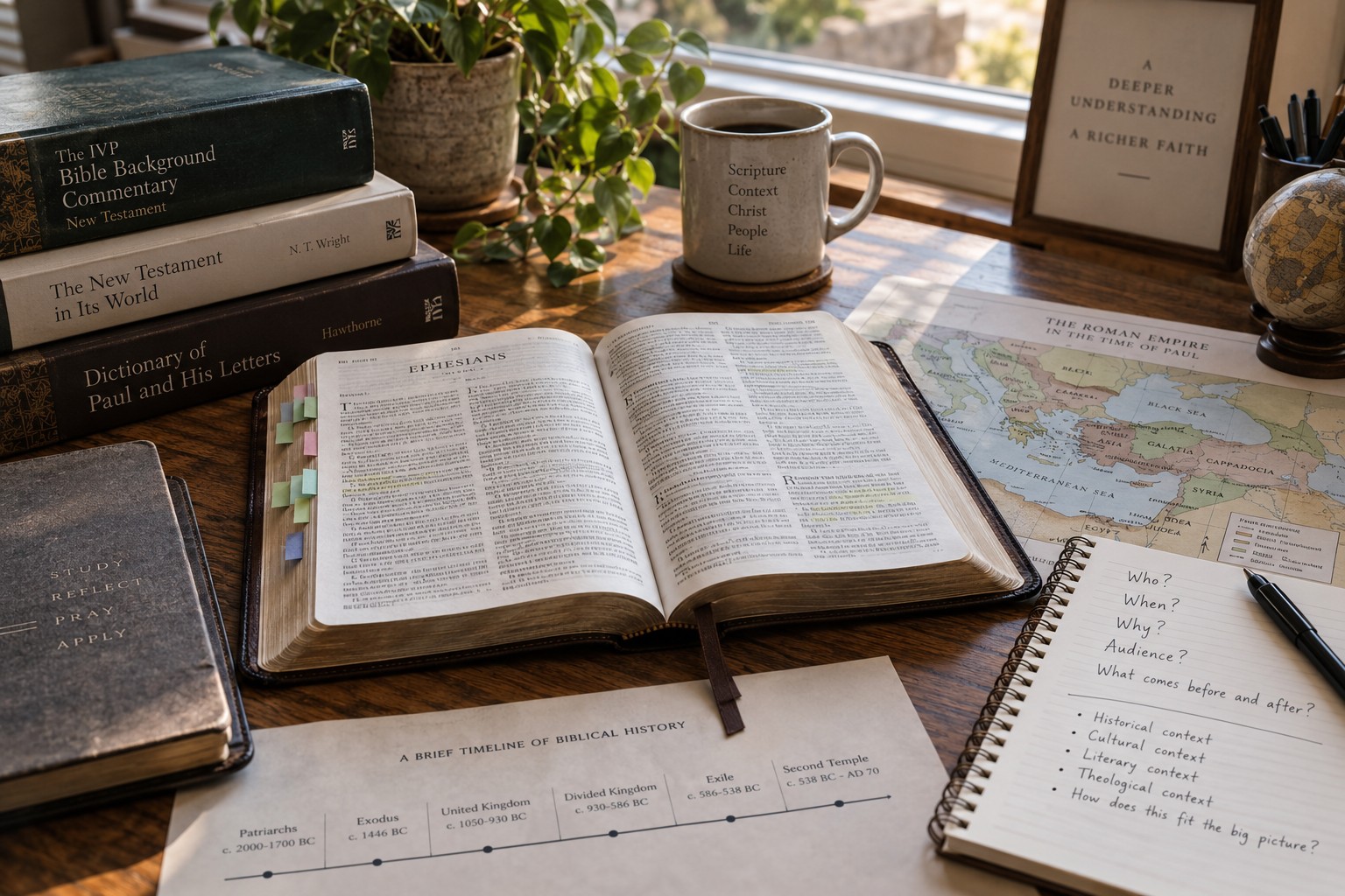 An open Bible surrounded by historical maps, study resources, and notes asking who, when, why, and what comes before and after.