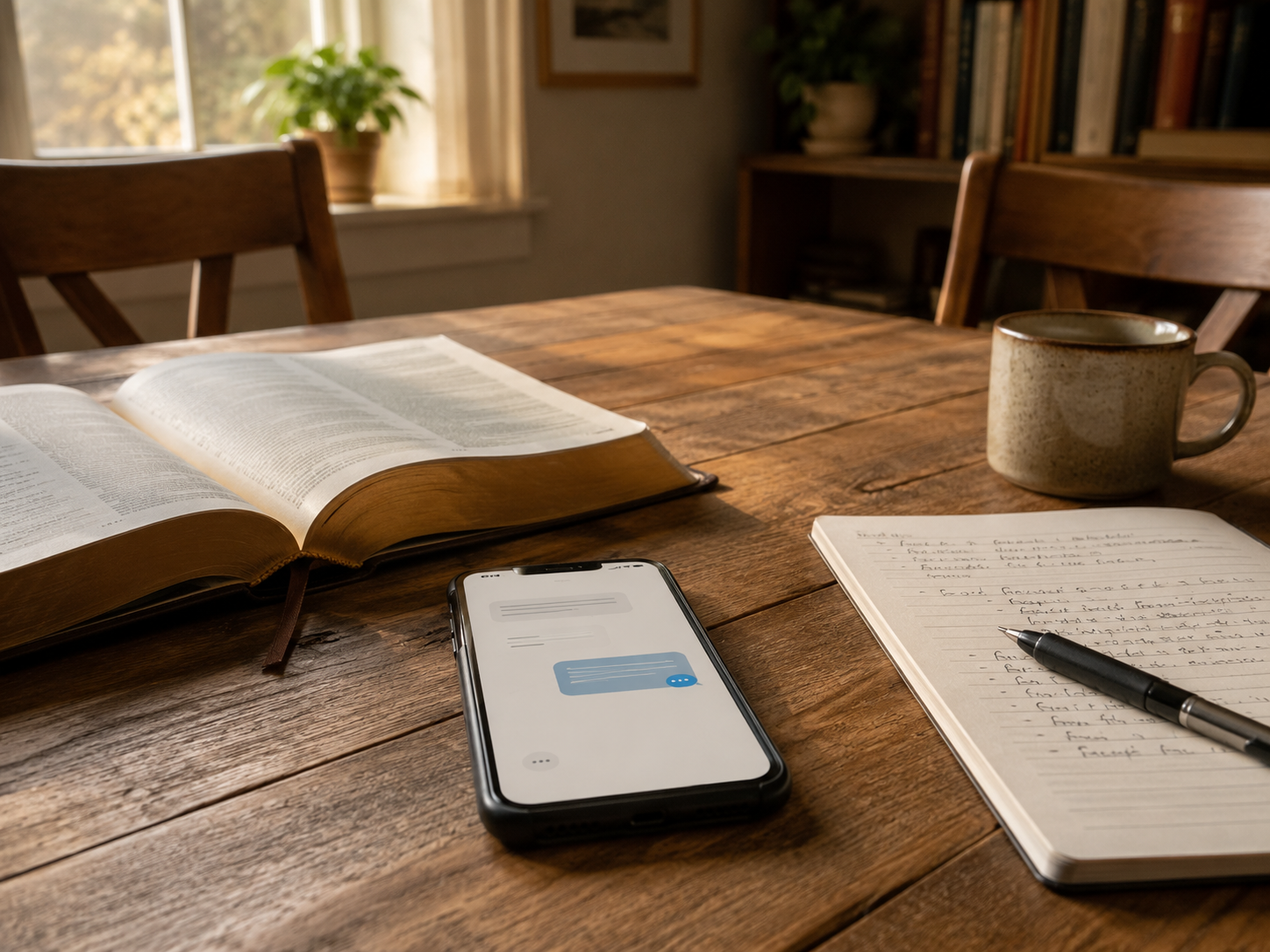 A phone with a simple follow-up question rests beside an open Bible, unfinished notes, and two chairs prepared for a human conversation.