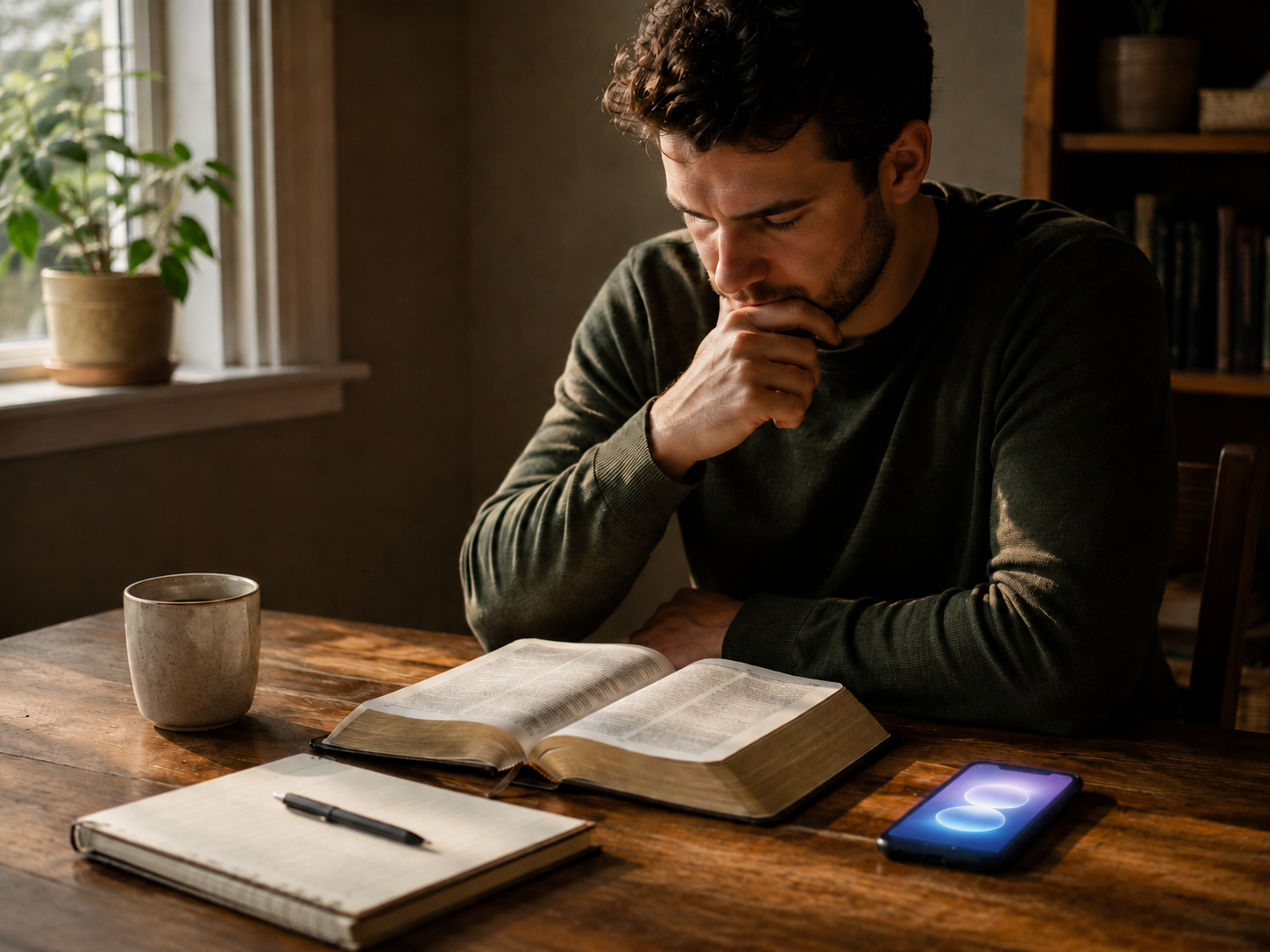 A person pauses thoughtfully over an open Bible while a smartphone displays an instant AI response nearby.