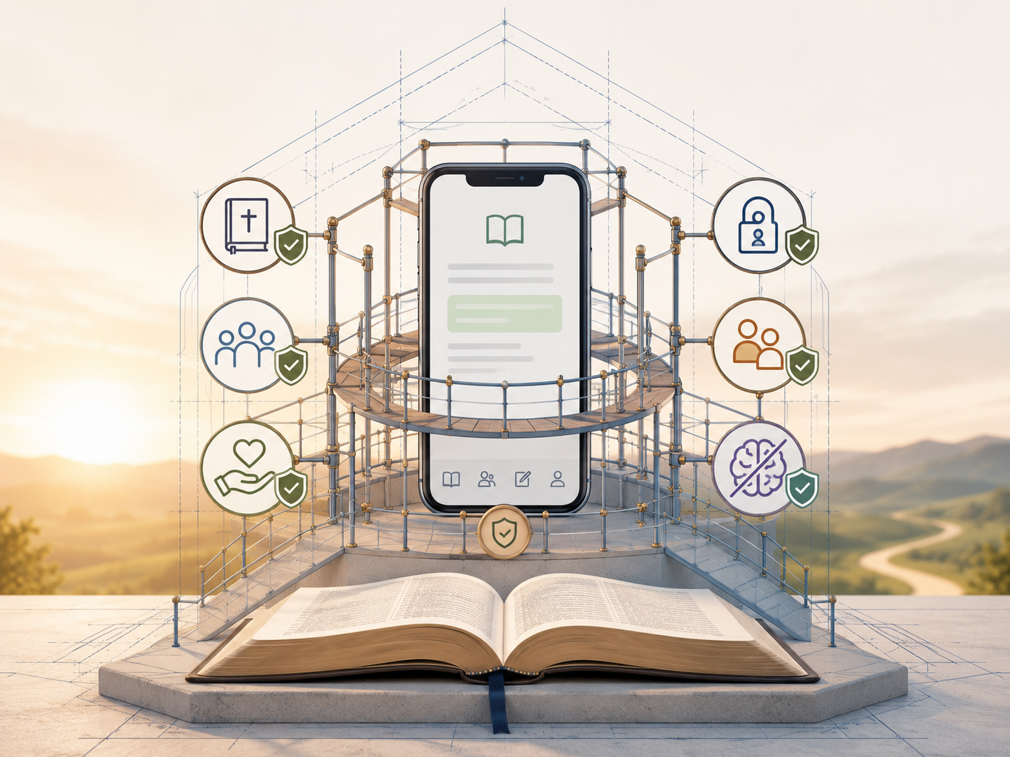 An open Bible forms the foundation beneath a Scripture app being constructed inside a clear framework of guardrails and protective boundaries.