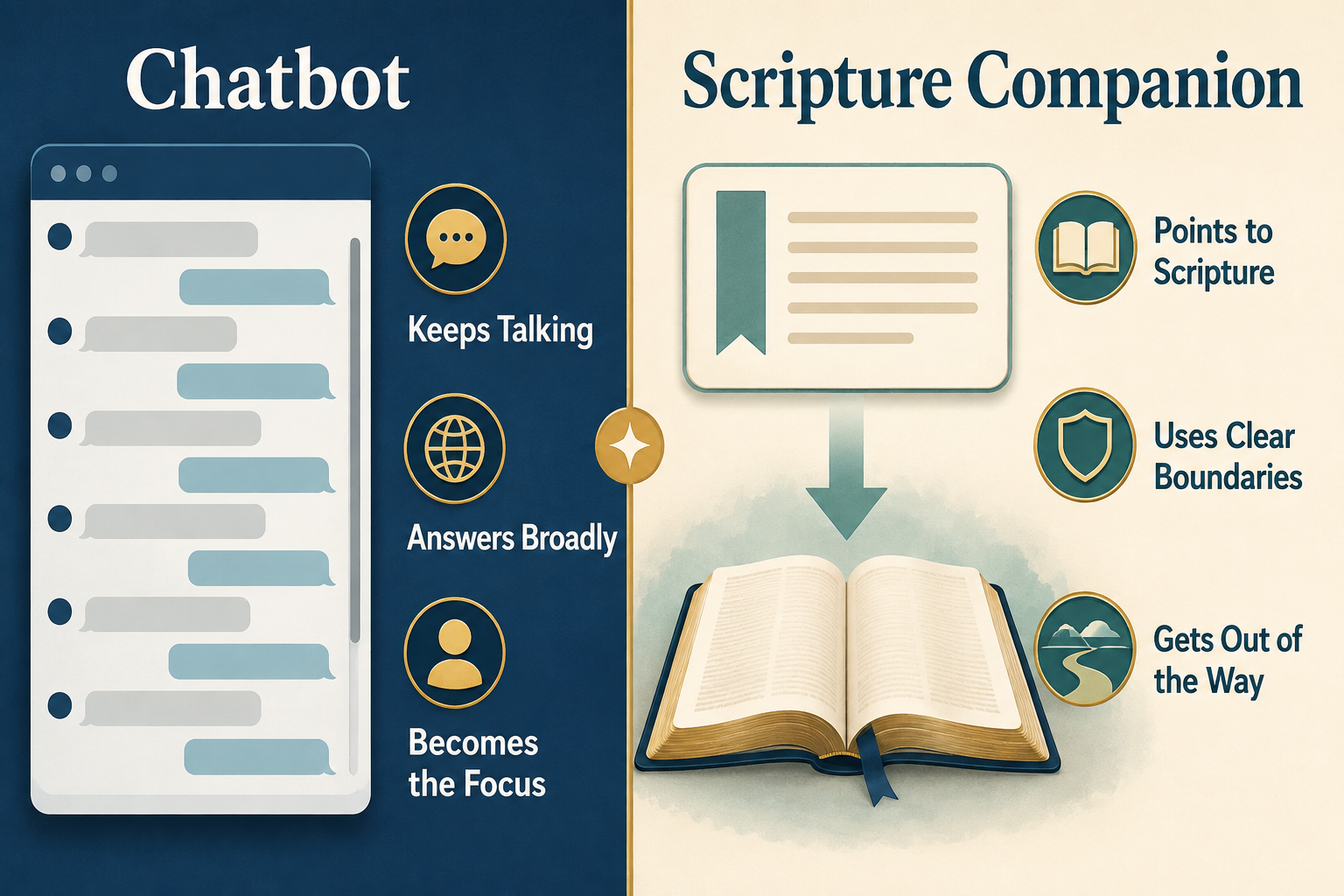 A comparison shows a general chatbot continuing broad conversation while a Scripture companion points toward the Bible, uses boundaries, and gets out of the way.