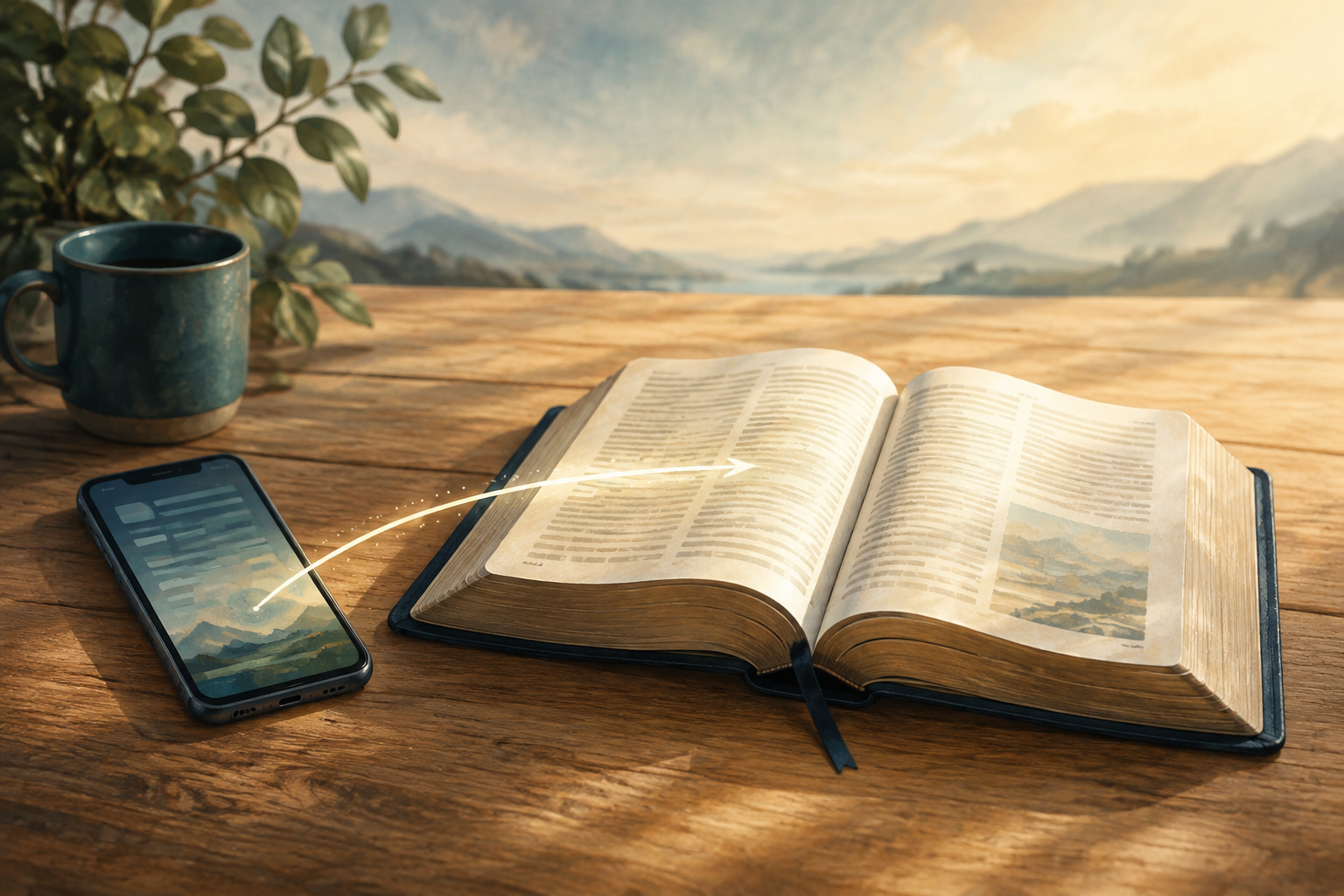 A smartphone beside an open Bible gently directs attention toward the Scripture pages while remaining visually secondary.