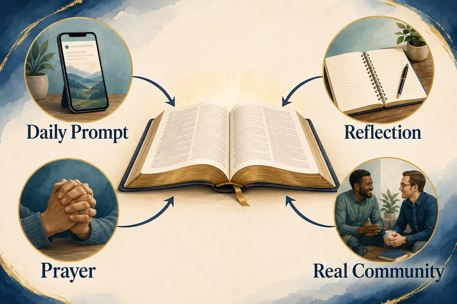 An open Bible sits at the center while a daily prompt, reflection, prayer, and real community support engagement with Scripture.