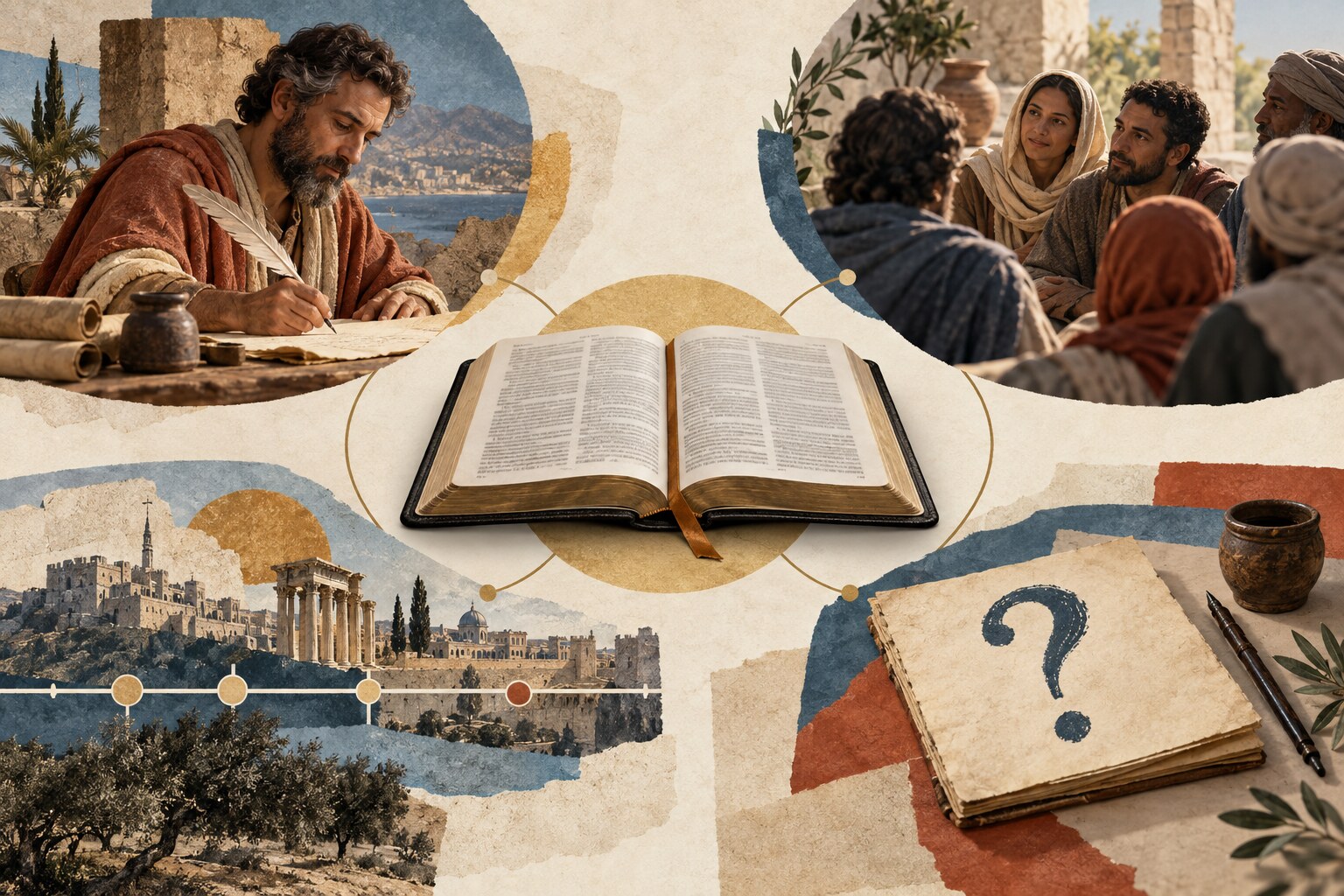 An open Bible connected to visual scenes representing an author, an audience, a historical moment, and a purpose.