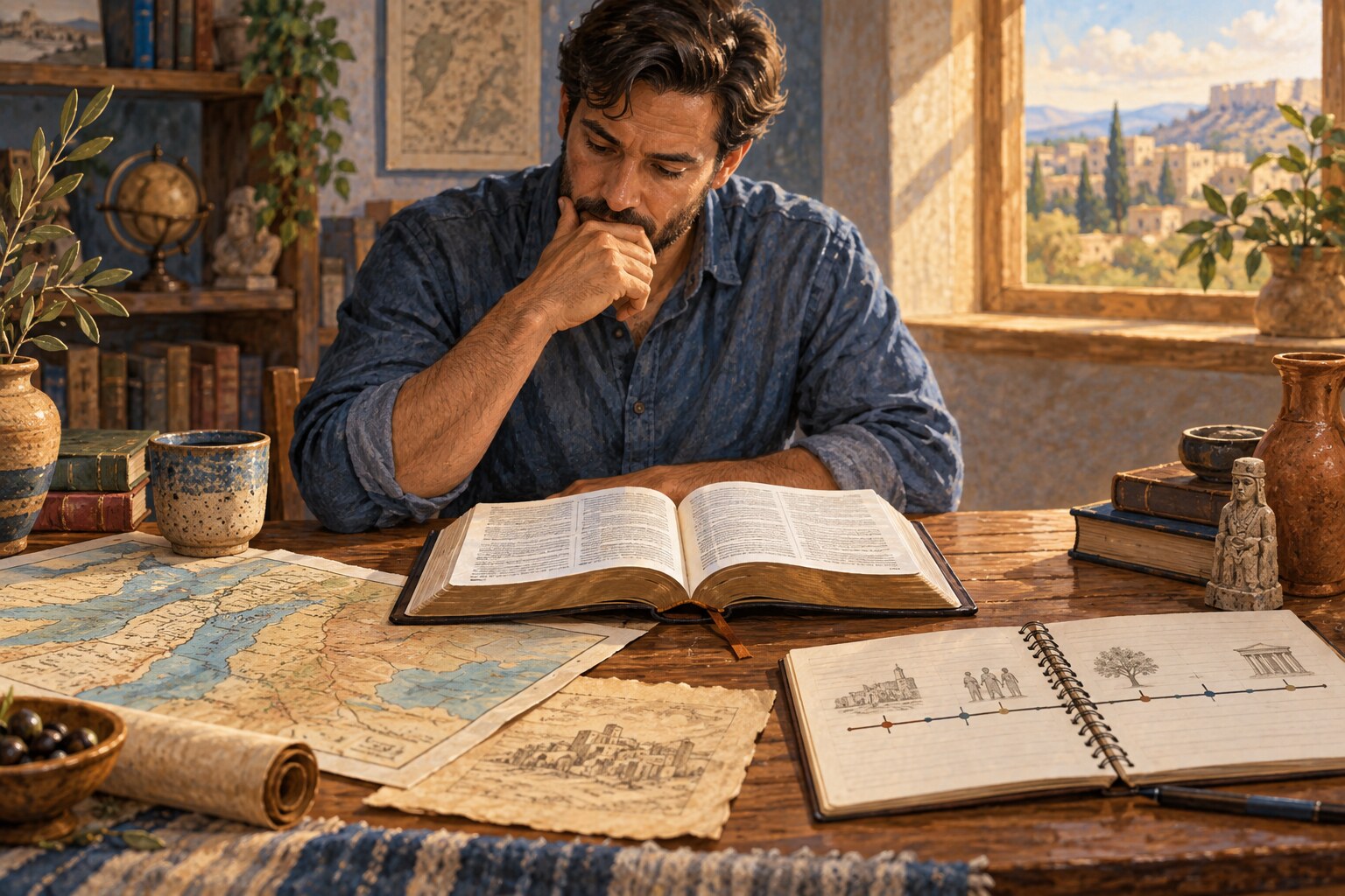 A reader studying an open Bible with maps, a timeline, and historical resources.